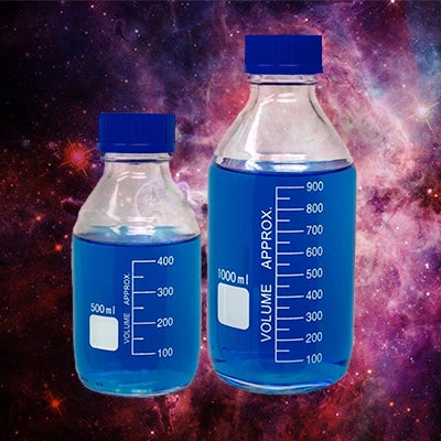 Three clear glass media bottles with blue autoclavable screw caps, ideal for preparing and storing sterile agar or liquid culture