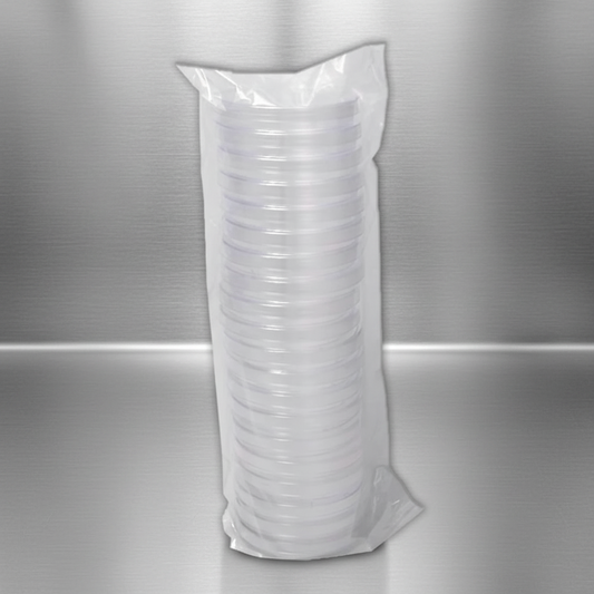 Microppose clear 20 pack petri dish on stainless steel table