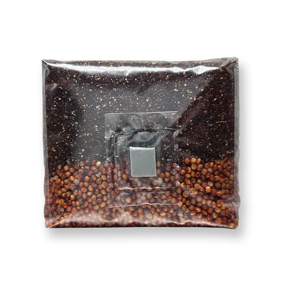 Clear plastic packaging with a small square object inside on a white background