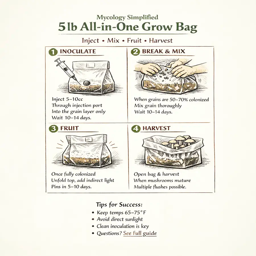 Instructions for using a 5lb All-in-One Grow Bag for mycology on a white background.