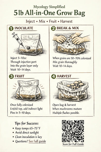 Instructions for using a 5lb All-in-One Grow Bag for mycology on a white background.