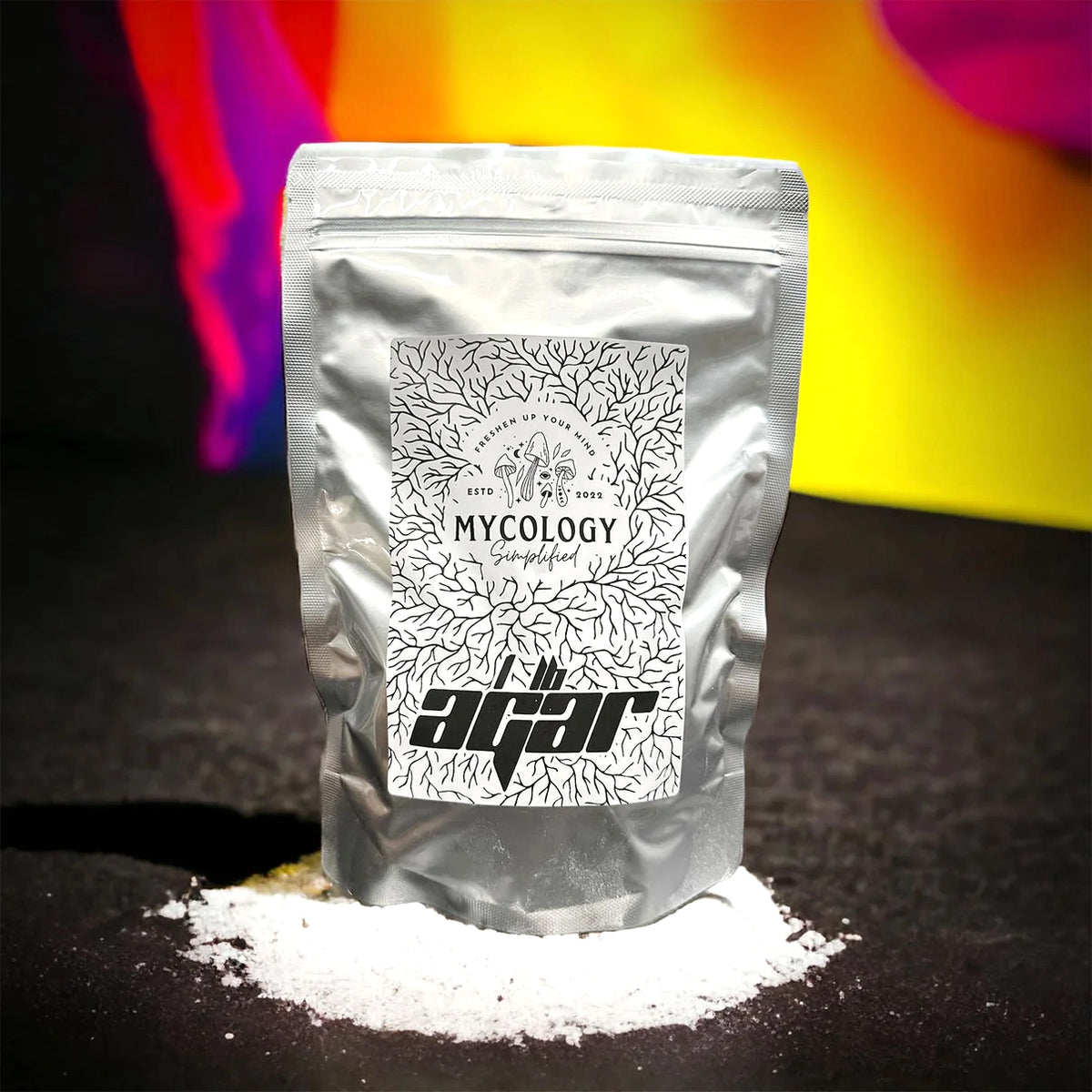 1-pound bag of lab-grade agar powder for mycology and microbiology use, shown on stainless steel lab bench