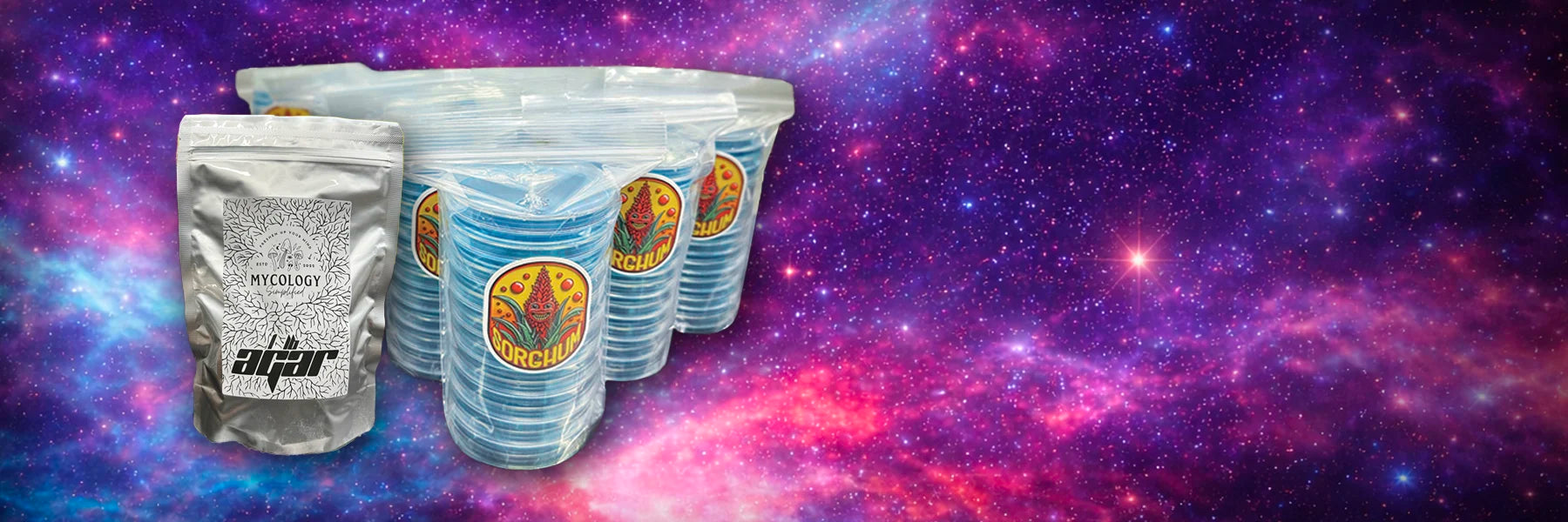 Three containers with a logo on a cosmic background