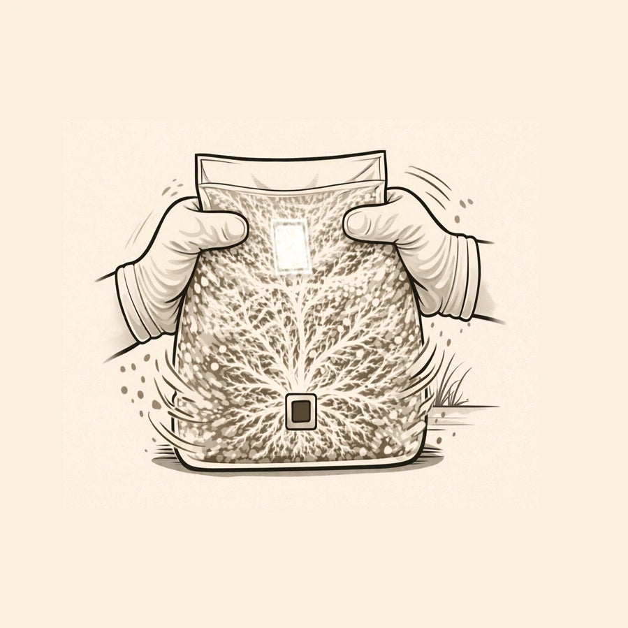 Illustration of hands holding a package with a light bulb on a beige background