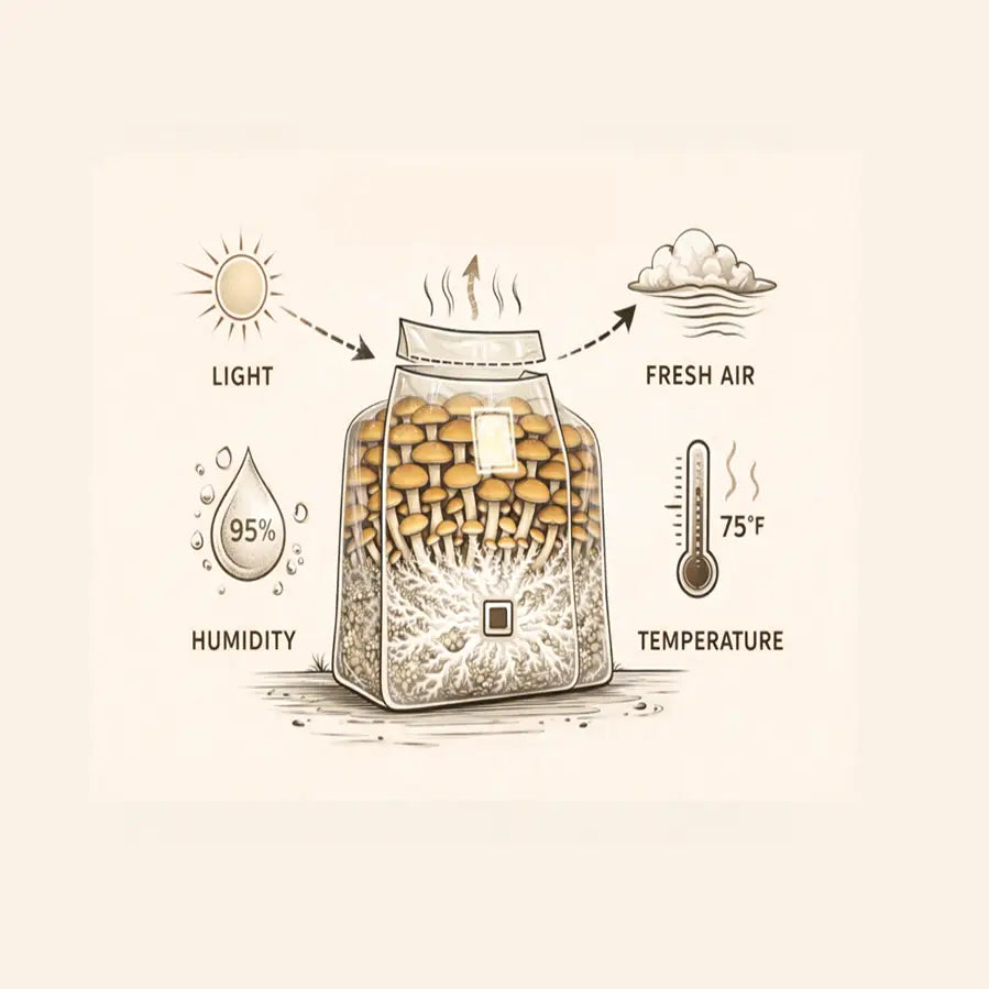 Illustration of a jar with mushrooms and environmental factors affecting their growth.