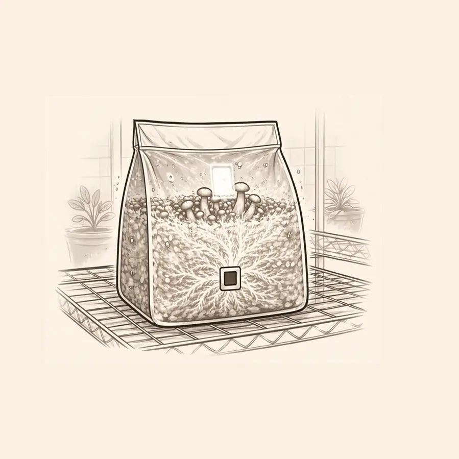 Illustration of a clear bag with mushrooms on a metal surface.