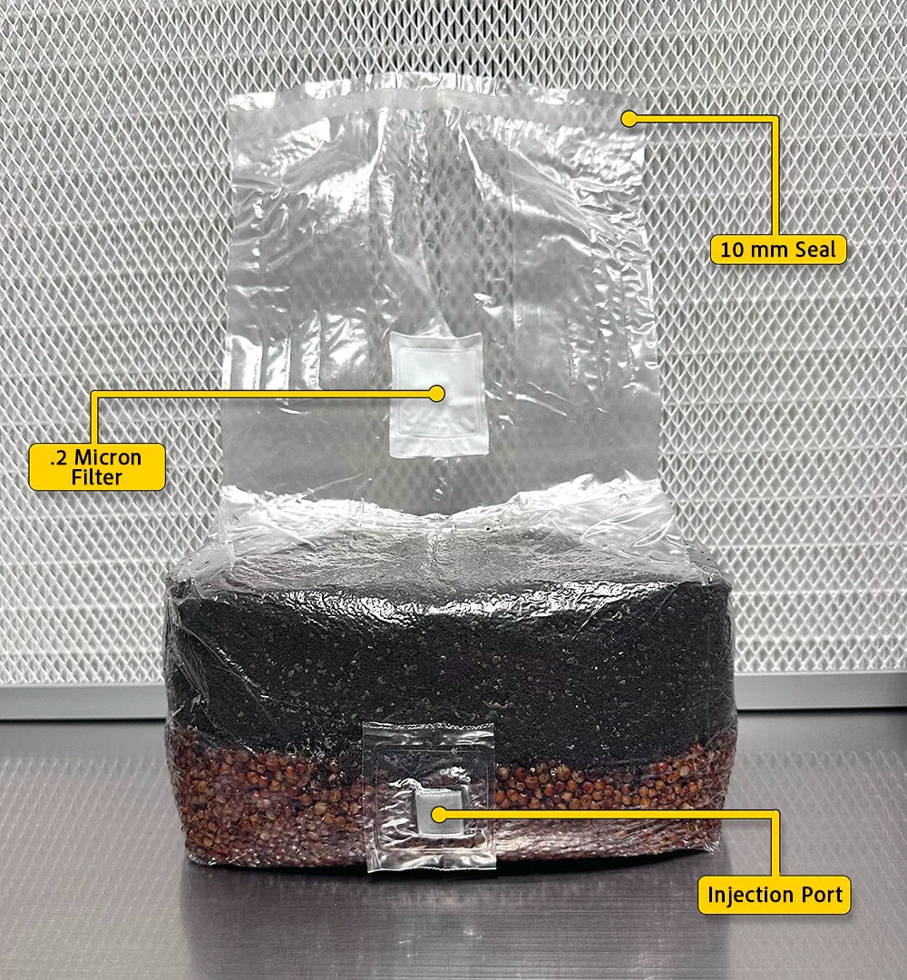 Packaged product with labeled features on a metallic background