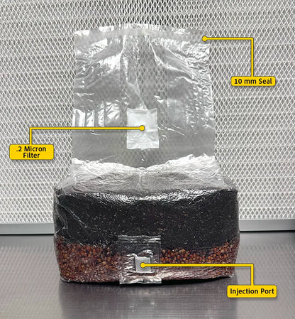 Packaged product with labeled features on a metallic background