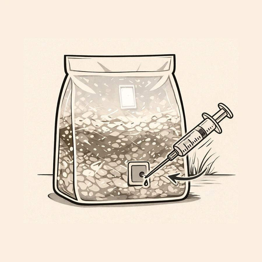 Illustration of a transparent bag with a syringe injecting a substance, on a beige background.