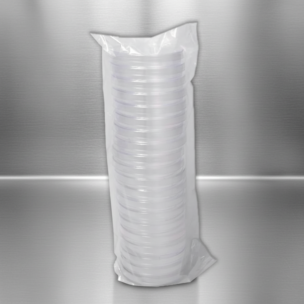 Microppose clear 20 pack petri dish on stainless steel table