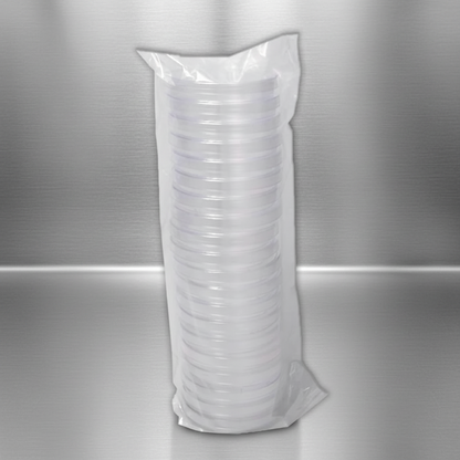 Microppose clear 20 pack petri dish on stainless steel table