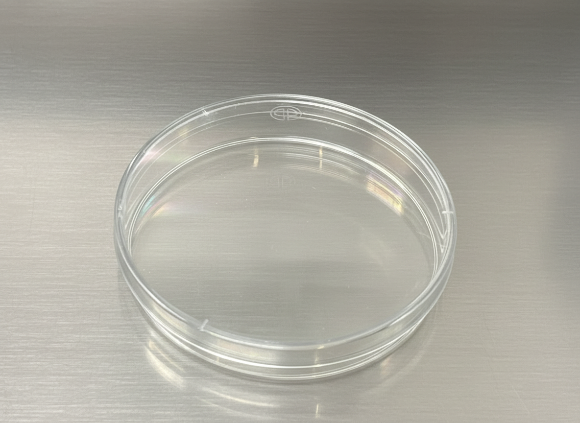 Single Microppose clear petri dish on stainless steel table