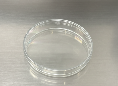 Single Microppose clear petri dish on stainless steel table