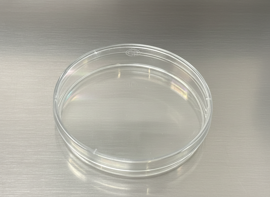 Single Microppose clear petri dish on stainless steel table