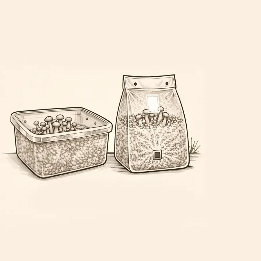 Illustration of a container and a bag with mushrooms on a beige background