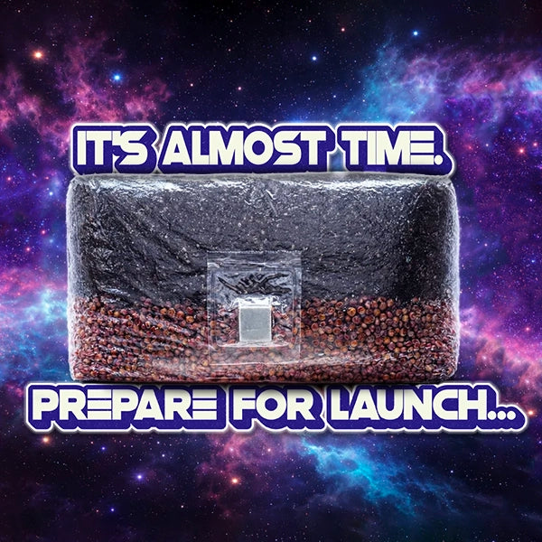 Product wrapped in clear plastic with text 'It's Almost Time. Prepare for Launch.' against a space-themed background.