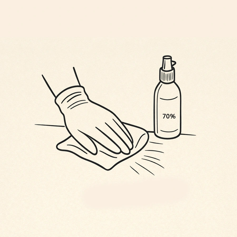 Illustration of a hand wearing a glove cleaning a surface with a spray bottle labeled '70%'.