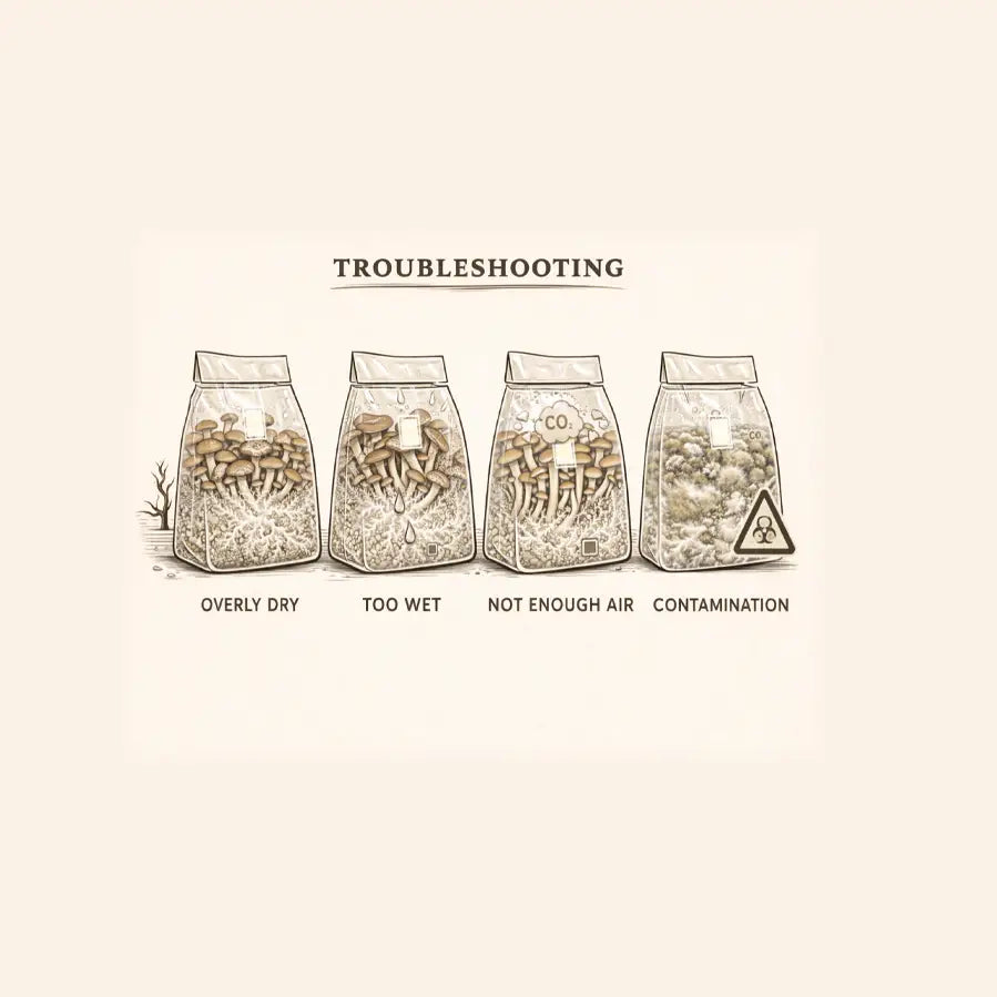 Illustration of four bags labeled 'Overly Dry', 'Too Wet', 'Not Enough Air', and 'Contamination' on a beige background.