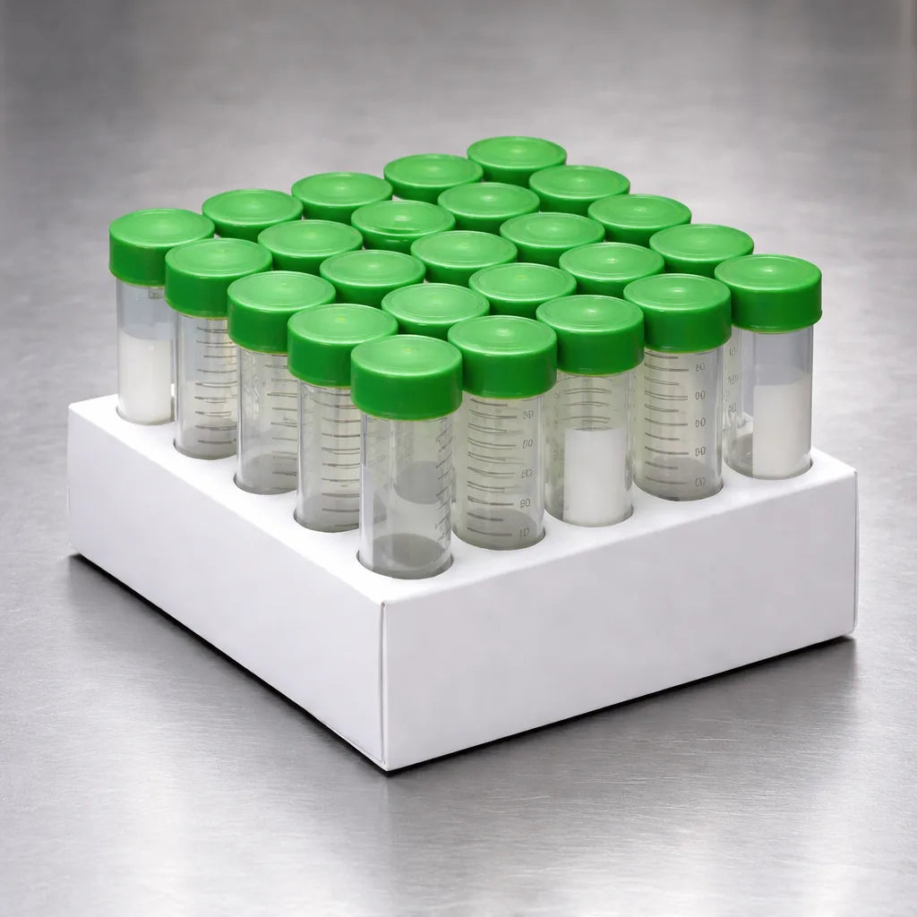 Grid of small test tubes with green lids on a white tray against a gray background