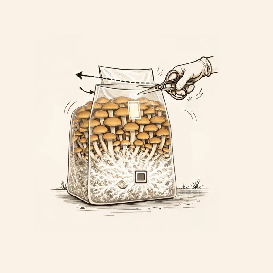 Illustration of a hand holding scissors to open a bag of mushrooms on a beige background